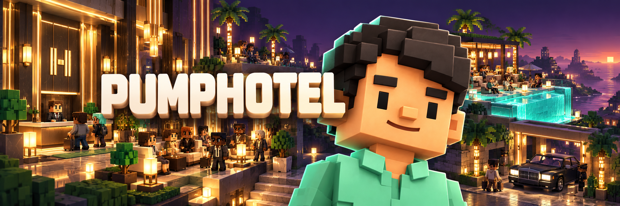 PumpHotel — grand lobby, rooftop pool and luxury mansion